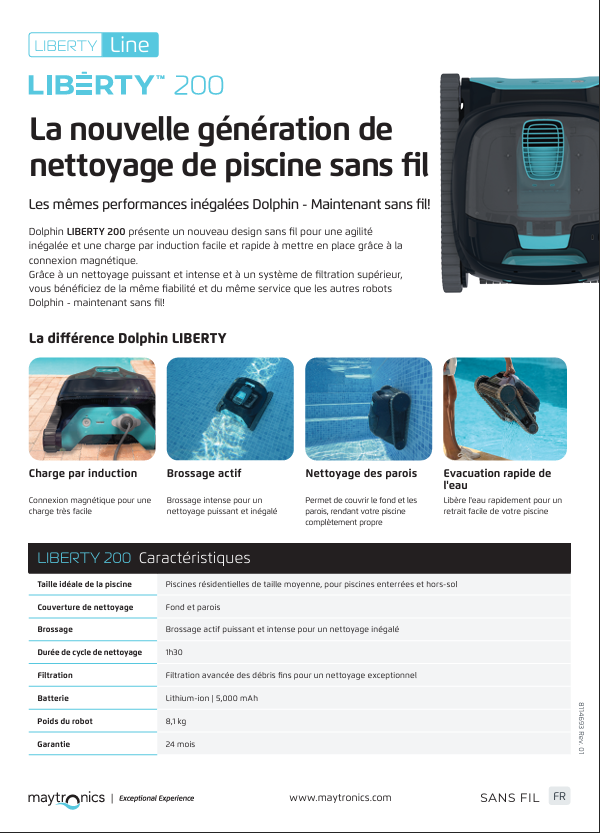 Robot Liberty 200 Sans fil électrique à batterie Maytronics dolphin à Riez 04